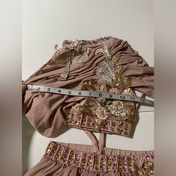 Glamour solo dance costume blush mauve rhinestone bling 2 piece stoned LC child - Picture 9 of 10